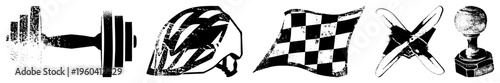 Weightlifting dumbbell, cycling helmet, checkered racing flag, airplane, vintage stamp bold, high contrast vector symbols for sports, fitness, aviation, and competition themes.