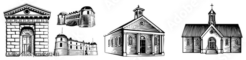 Historic stone church with bell tower, fortified with turrets, classical temple portico, architectural heritage, vector sketches, design.