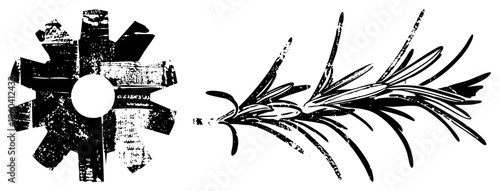 Black and white stylized gear and herb sprig, distressed texture, graphic design elements, mechanical and botanical motifs, illustration.