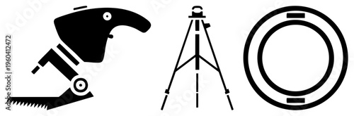 Minimalist black tool silhouettes including circular gauge, stand, and saw blade, flat vector design for UI or tech interfaces.