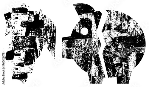 Fragmented black and white shapes with halftone grain, stylized graphic elements, vector art, isolated design, modern minimalism.