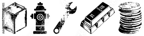 Rustic toolbox, fire hydrant, wrench, gold bar, coin stack gritty urban symbols, industrial assets, financial, halftone texture, black and white vector art.