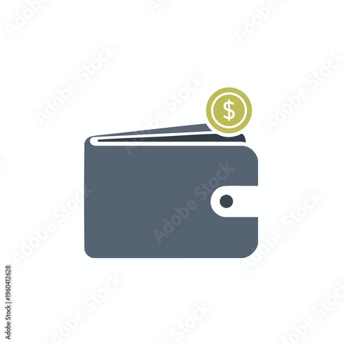 Simple flat icon of a closed wallet with a coin on top, dollar symbol