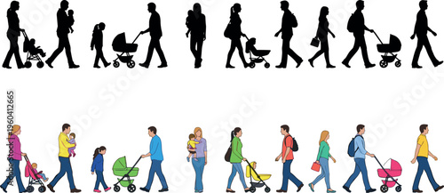 Vector illustration of adults with children and strollers in silhouette and color, symbolizing parenting, family, childcare, leisure, and togetherness
