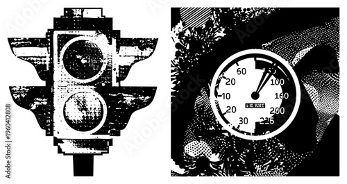 Retro traffic and temperature gauge rendered in halftone style, graphic design elements, vector illustration, black and white, isolated symbols, industrial gauges, urban signage.