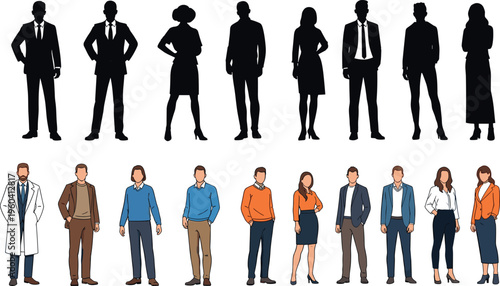 Vector illustration of people in professional attire shown as silhouettes and full color, symbolizing occupations, diversity, identity, and representation