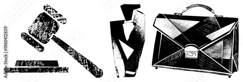 Legal symbols representing justice, attorney, and corporate law, rendered in halftone texture,, graphic design elements.
