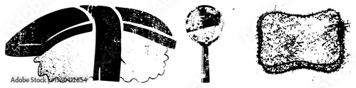 Grunge style sushi roll, magnifying glass, sponge, halftone texture, black and white vector, isolated graphic elements, design assets.