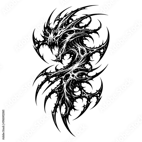 Detailed Black and White Aggressive Alien Symbiote - Edgy Illustration