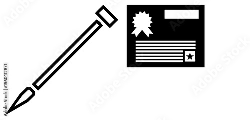 Writing instrument directing toward accolade document, certificate, achievement symbol, recognition graphic, academic or professional honor.