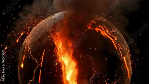Planet Earth Cracking Open with Molten Lava and Smoke - Global Crisis, Environmental Disaster, and Climate Change Concept