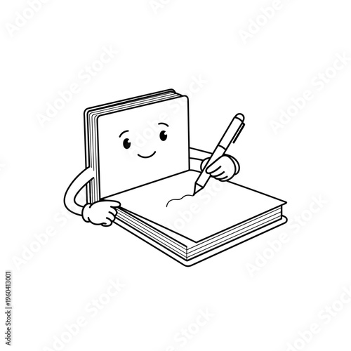 Smiling book character writing on paper.
