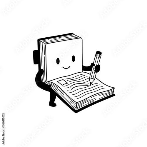 Smiling book with arms and pencil.