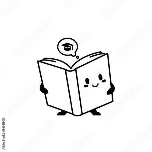 Smiling book with graduation thought bubble.