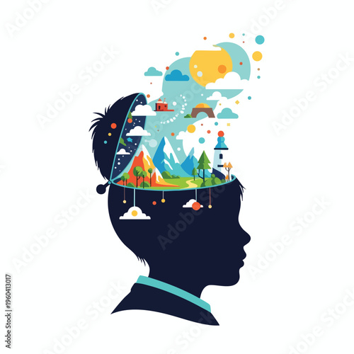 Silhouette of a head with a fantastical landscape of mountains, clouds, and buildings spilling out