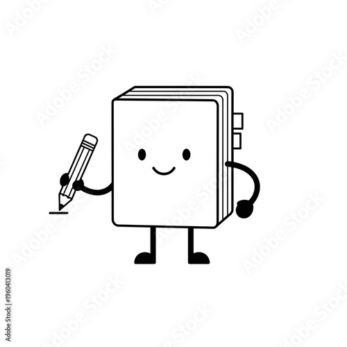 Smiling book with pencil cartoon character.