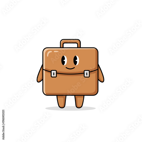 Smiling brown cartoon briefcase with handle.