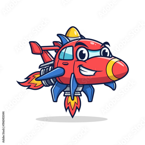 Smiling Cartoon Airplane with Rockets.