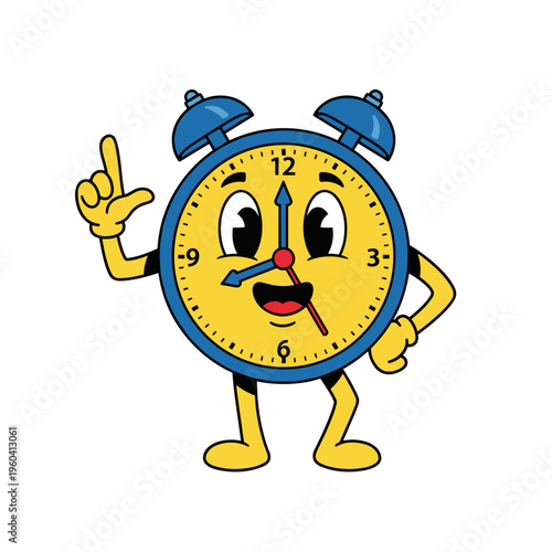 Smiling cartoon alarm clock character pointing.