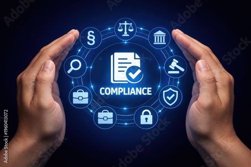 Guardians of Adherence: A digital illustration showcasing hands protectively encircling a central document adorned with symbols of law, justice, and order, representing strict adherence to guidelines.