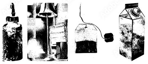 Vector halftone render of tea bag, coffee bottle, milk carton, and lamp isolated beverage items, stylized with dot,, graphic design elements.