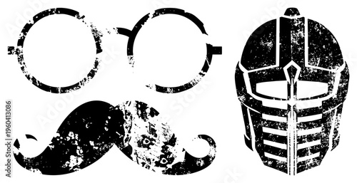 Distressed black vector of goggles, handlebar mustache, and armored helmet, graphic design elements with grunge texture, isolated symbols for branding or digital art.