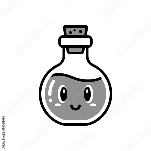 Smiling cartoon bottle with liquid inside.