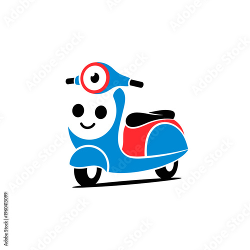 Smiling cartoon blue motor scooter vehicle.