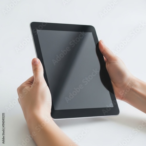 Two hands holding a modern tablet device with a black frame and dark screen.