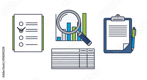 Business documents and data analysis tools.