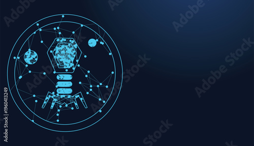 Digital bacteriophage virus illustration, showing molecular connections in a scientific network.