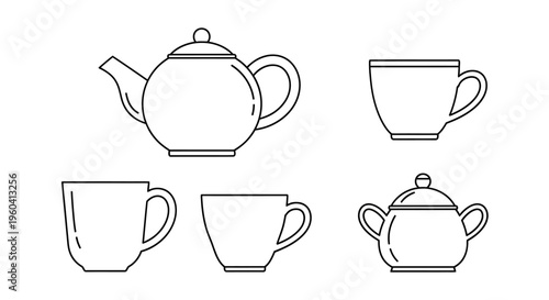 Teapot and Tea Cups Line Drawing.
