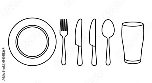 Simple Line Drawing of Tableware and Utensils.