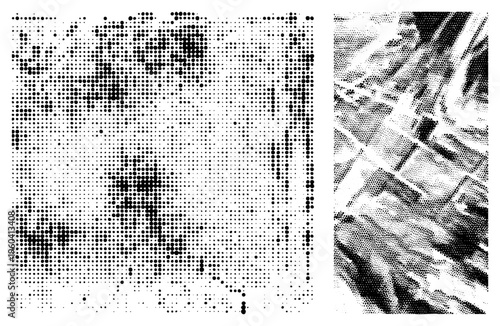 Black and white halftone graphic using dot density variation, stippling technique, vector art, abstract visual texture, print design element.