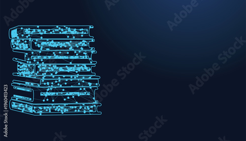 Stack of glowing digital books, symbolizing knowledge, learning, and interconnected data.