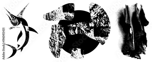 Stylized marlin, turtle, and fish rendered in halftone dot, vector designs, graphic art, isolated marine life symbols.