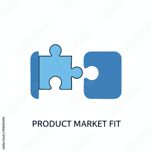 Two blue puzzle pieces nearly connect, symbolizing "Product Market Fit.