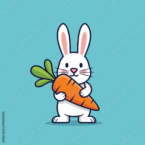 Cute white bunny with long ears holding a large orange carrot, smiling