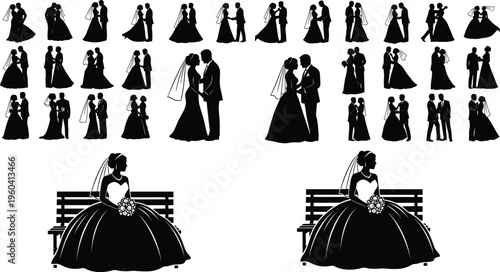 Silhouettes of wedding and romantic couples in diverse poses, elegant outline design symbolizing love, marriage, inclusivity, celebration themes