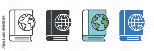 World geography book with globe icon set for global education, atlas, encyclopedia, and international study vector illustration