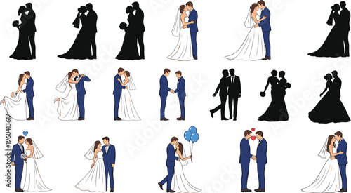 Wedding couple silhouettes and colorful attire, diverse poses, inclusive marriage representation, love celebration, artistic romantic illustration inspiration