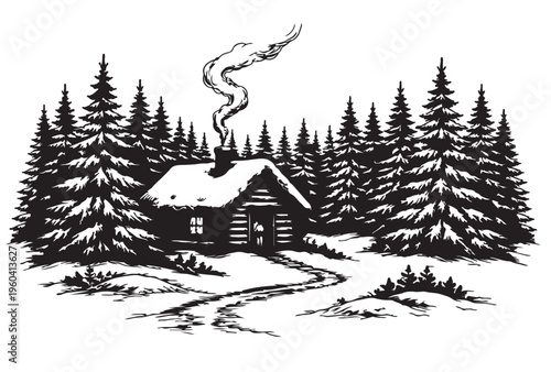Winter Cabin Silhouette Vector, Snowy Forest House with Pine Trees and Smoke, Black and White Nature Illustration