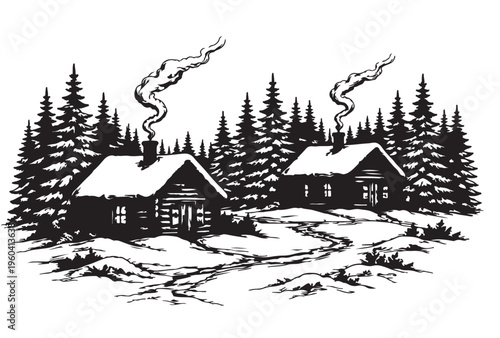 Winter Cabin Silhouette Vector, Snowy Forest House with Pine Trees and Smoke, Black and White Nature Illustration
