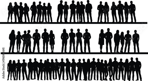 Human group silhouettes in varied postures, standing pairs and clusters, vector illustration for artwork, design, social themes