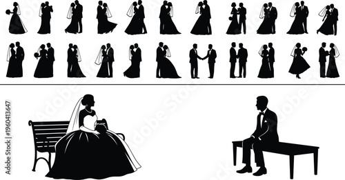 Wedding couple silhouettes in romantic poses, bride and groom embracing, dancing, holding hands, ceremonial gestures, symbolic love and relationship illustration