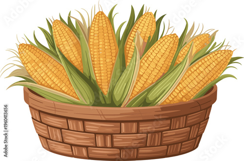 Wooden basket with corn food vector on white background.