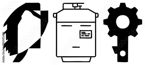 Saw blade, cylindrical tank, gear mechanical, industrial equipment, vector illustration, technical design, machinery elements, engineering tools, manufacturing components.