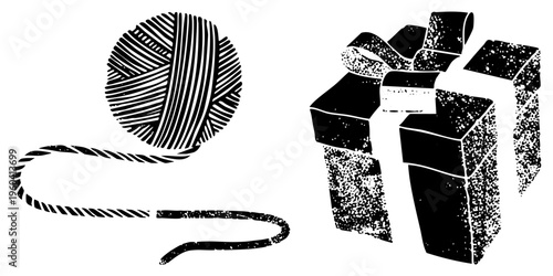 Handcrafted yarn skein with textured stripes beside wrapped present, holiday crafting, gift, textile art, DIY project, present box, ribbon bow.