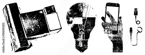 Retro camera, glowing bulb, hand holding phone, USB digital and analog tech symbols, halftone vector art, tech communication tools.