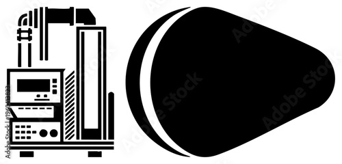 Precision manufacturing CNC lathe with digital control panel, conical cutting tool, industrial automation, metalworking equipment, machine tool graphic.